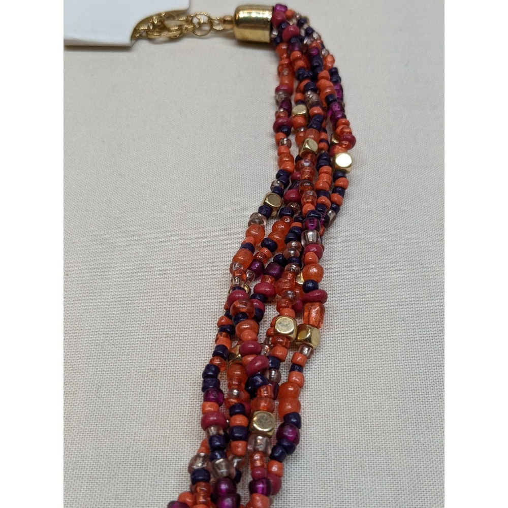 Bold Seed Bead Necklace Autumn Orange Purple Gold Tone Boho Ashley Cooper ~16" - Picture 4 of 6